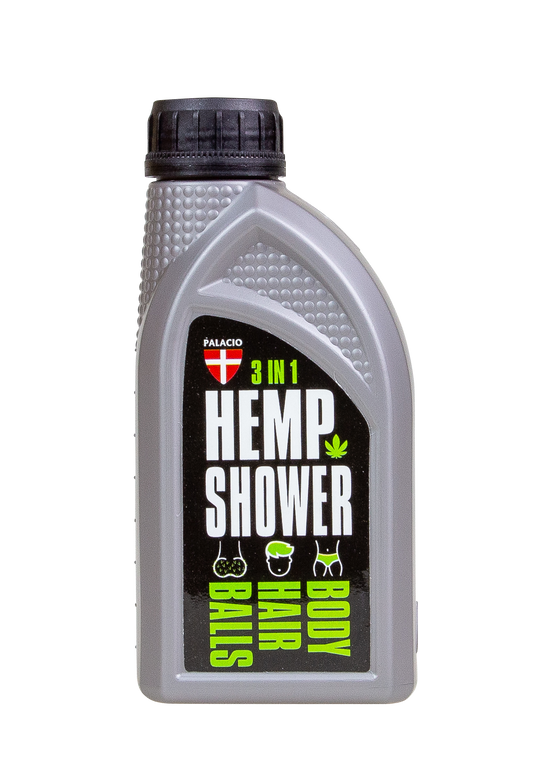 Gel douche au chanvre 3-en-1 Palacio, flacon gris avec étiquette Hemp Shower en face