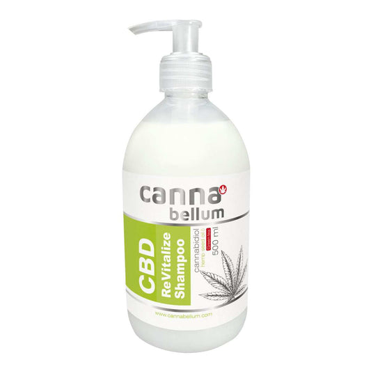 Shampoing CBD Cannabellum 500 ml, flacon blanc à pompe avec étiquette verte