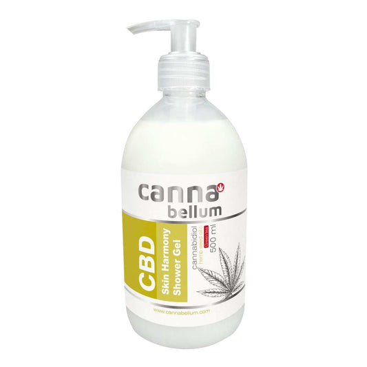 Gel douche CBD Cannabellum flacon blanc à pompe, étiquette CBD & chanvre, 500 ml