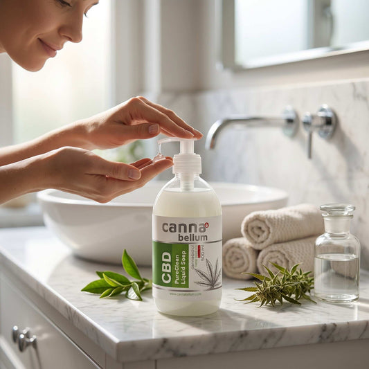 Savon liquide CBD PureClean Cannabellum à pompe, flacon blanc
