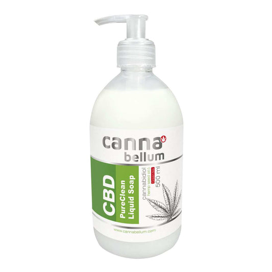 Savon liquide CBD PureClean Cannabellum à pompe, flacon blanc, étiquette chanvre et thé vert
