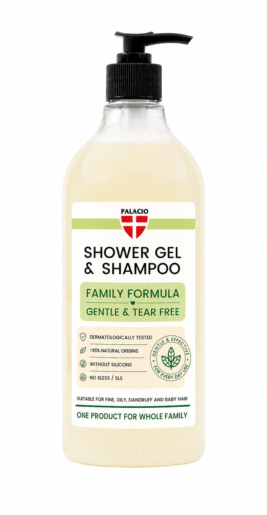 Flacon de gel douche et shampoing Palacio BioHemp, pompe noire, formule family