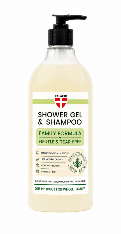 Flacon de gel douche et shampoing Palacio BioHemp, pompe noire, formule family