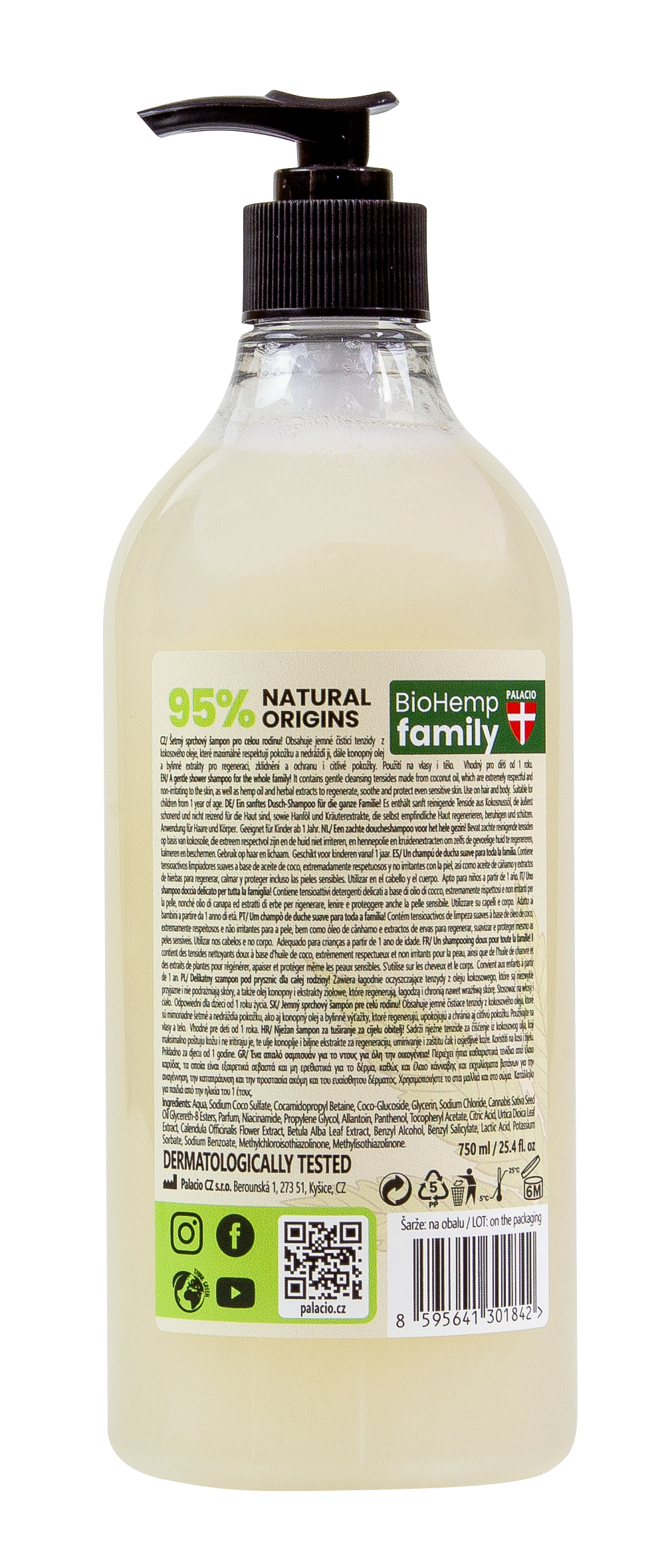 Flacon shampoing-douche BioHemp, étiquette arrière avec informations et pictogrammes