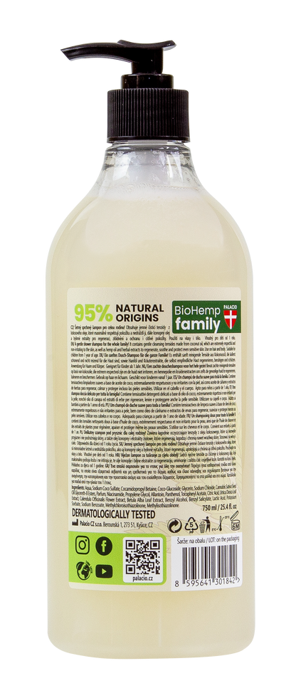 Flacon shampoing-douche BioHemp, étiquette arrière avec informations et pictogrammes