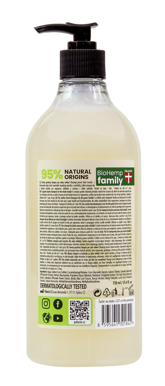 Flacon shampoing-douche BioHemp, étiquette arrière avec informations et pictogrammes