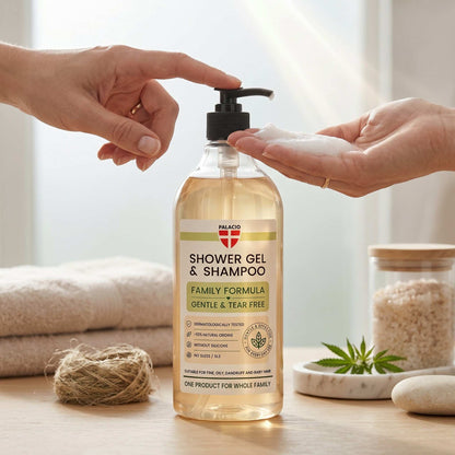 Flacon de shampoing-douche BioHemp avec pompe noire, mains pressant le distributeur