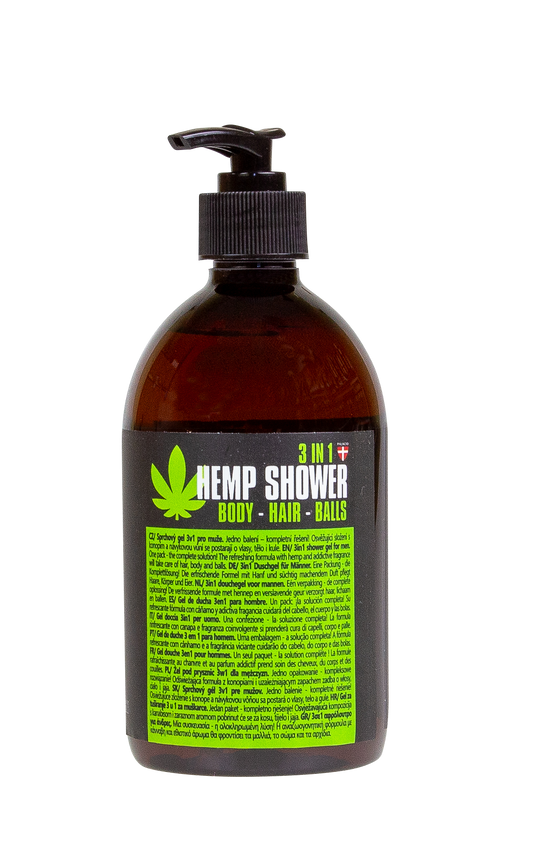 Flacon de gel douche 3-en-1 au chanvre, étiquette verte, pompe noire