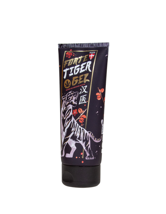 Tube de gel de massage au chanvre Fort Tiger, violet foncé, face avant tigre et texte