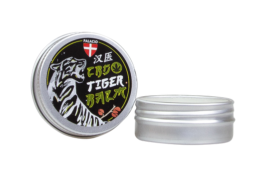 Baume du Tigre CBD Palacio, pot métallique argenté et couvercle noir illustré