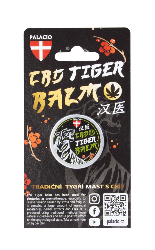 Baume du Tigre CBD Palacio, étui noir avec pot rond et illustration zébrée