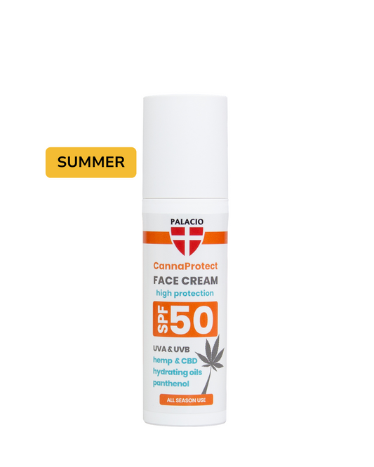 Crème visage SPF50 en tube blanc, étiquette orange et logo croix Palacio.