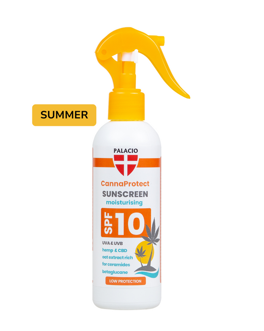 Lait solaire SPF10 Palacio CannaProtect en flacon blanc à pompe jaune