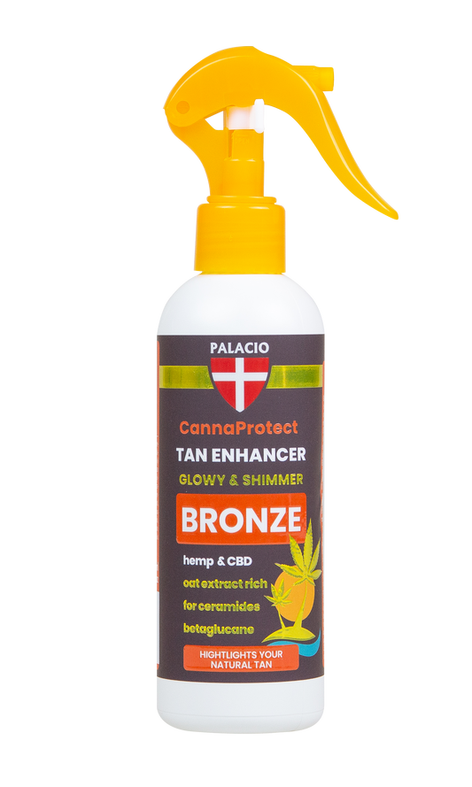 Flacon spray bronzage CBD Palacio avec pompe jaune et étiquette «Bronze».
