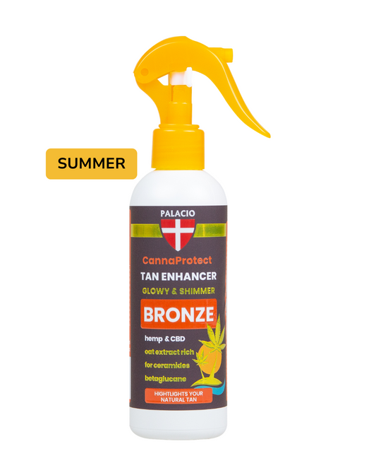 Flacon spray bronzage CBD Palacio, tête de pulvérisation jaune, étiquette bronze.