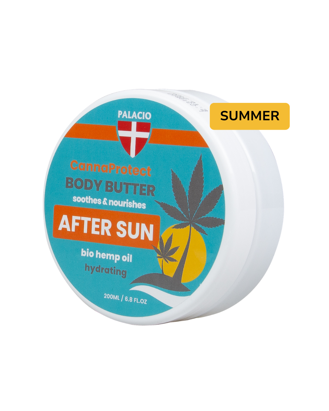 Pot de beurre corporel après-soleil au chanvre 200 ml, couvercle blanc, étiquette bleue