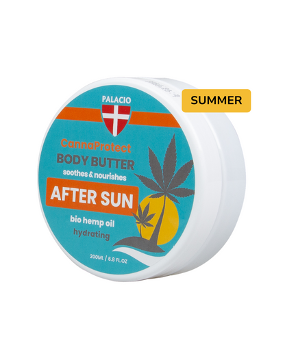 Pot de beurre corporel après-soleil au chanvre 200 ml, couvercle blanc, étiquette bleue
