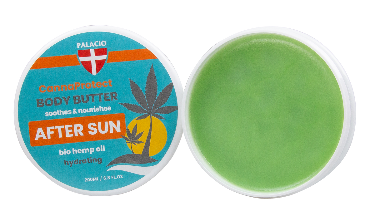Pot de beurre corporel après-soleil au chanvre, couvercle bleu et crème verte à l’intérieur