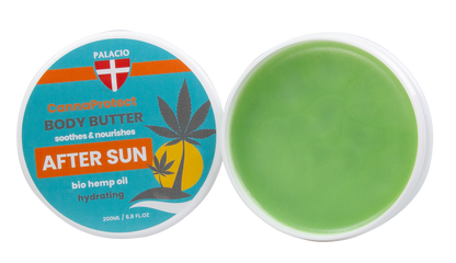 Pot de beurre corporel après-soleil au chanvre, couvercle bleu et crème verte à l’intérieur