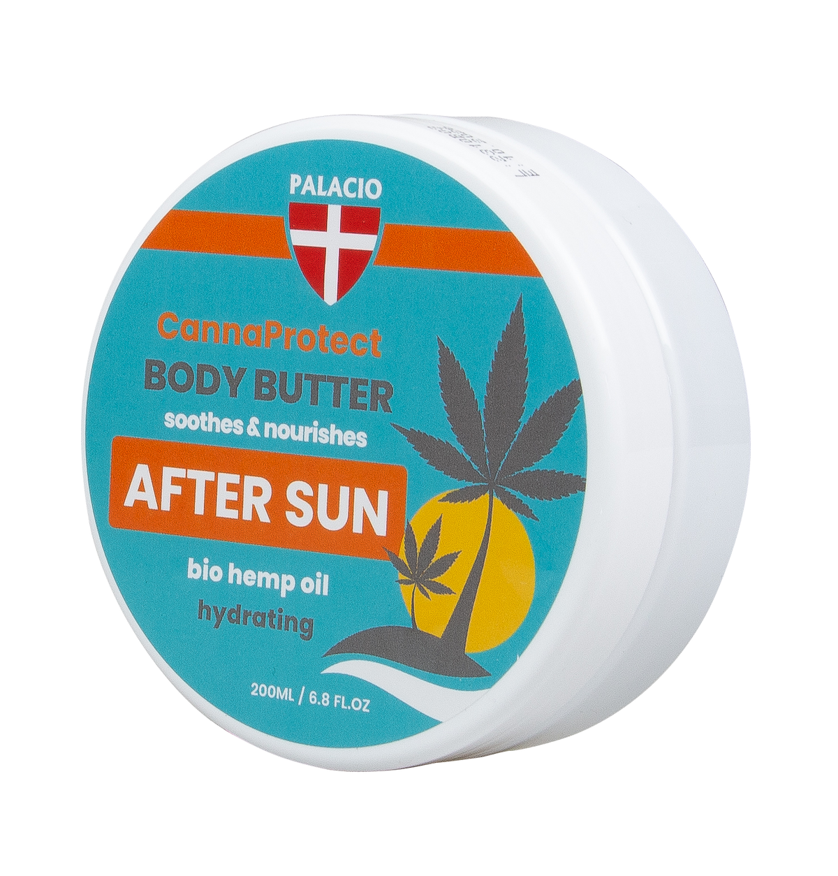 Pot de beurre corporel après-soleil au chanvre 200 ml, couvercle blanc, étiquette bleue