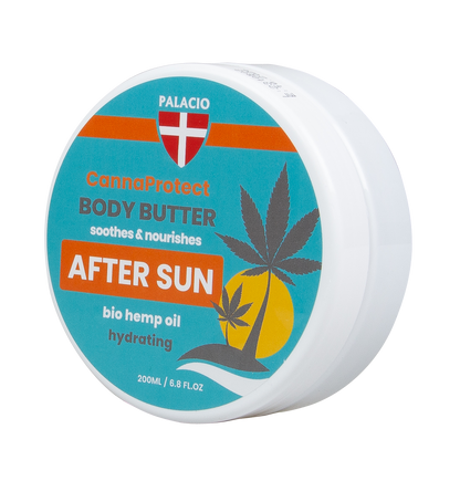 Pot de beurre corporel après-soleil au chanvre 200 ml, couvercle blanc, étiquette bleue