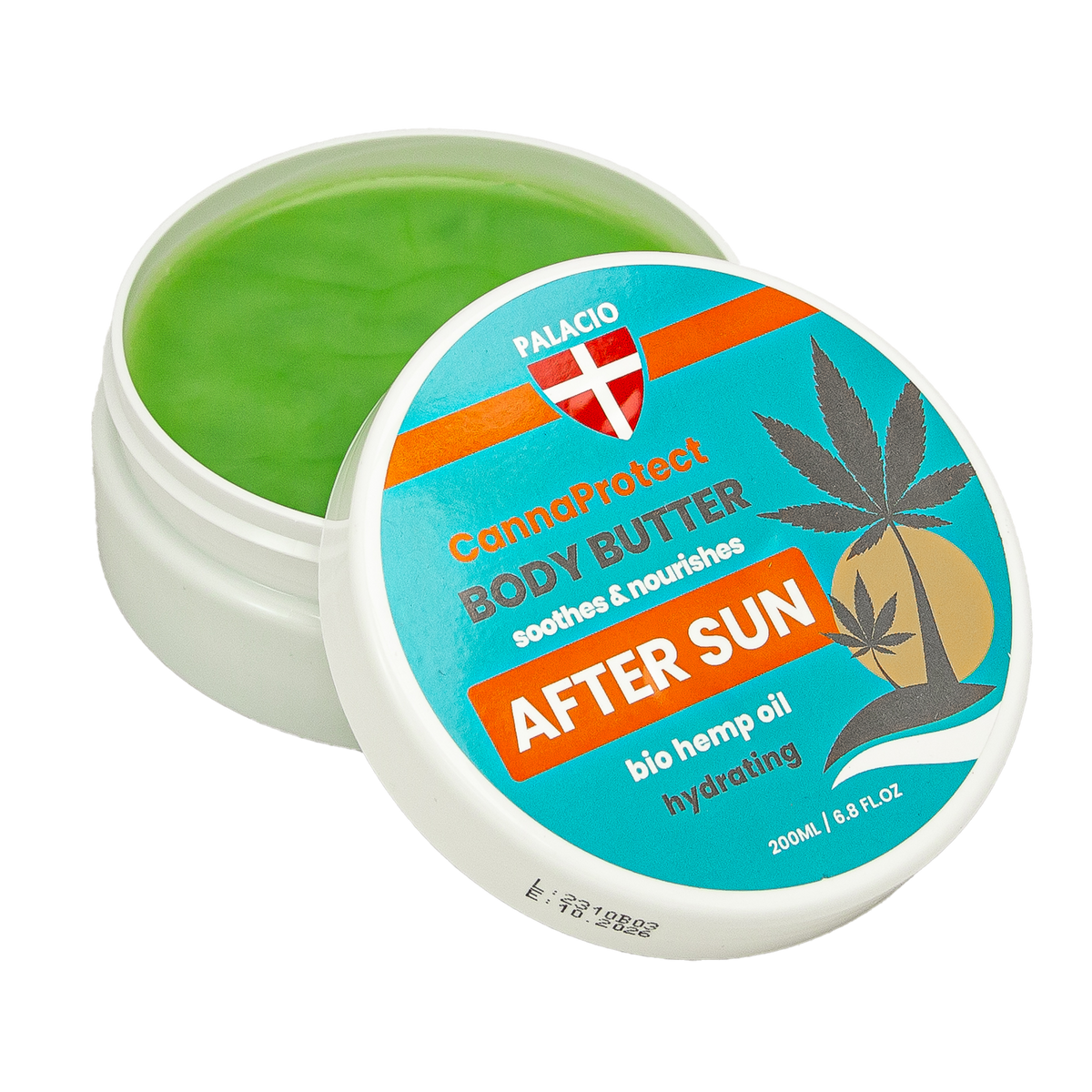 Pot de beurre corporel après-soleil au chanvre, étiquette bleue «AFTER SUN», crème verte