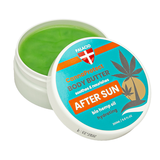 Pot de beurre corporel après-soleil au chanvre, étiquette bleue «AFTER SUN», crème verte