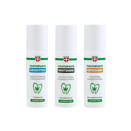 Trio de dentifrices Palacio en tubes blancs : blanchissant, sensible, fraîcheur.