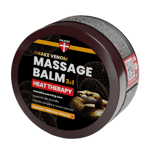 Baume de massage chauffant Palacio en pot marron, vue latérale avec étiquette