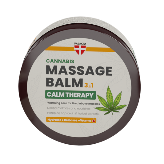 Baume de massage Cannabis 3:1 Palacio en pot rond, couvercle marron.