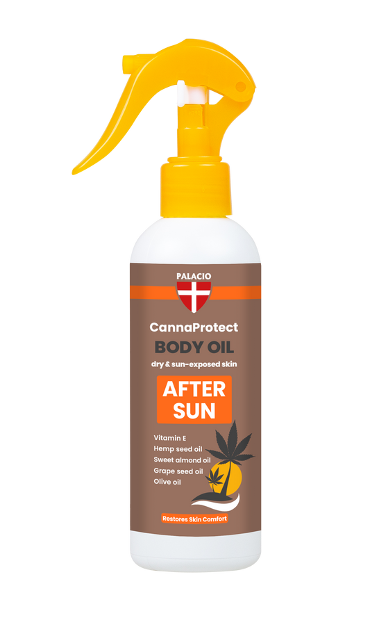 Huile corps CannaProtect After Sun au chanvre en flacon pulvérisateur jaune