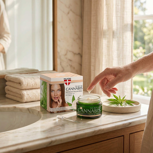Crème visage hydratante en pot vert foncé et boîte Palacio au cannabis CBD, 50 ml