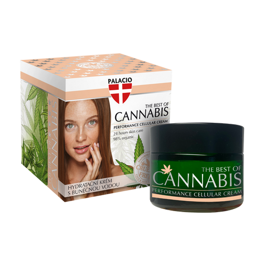 Crème visage hydratante cellulaire : pot vert foncé et boîte Palacio cannabis, CBD