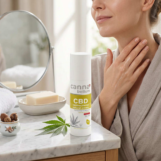 Flacon de crème CBD Cannabellum 30 ml et application sur le cou.