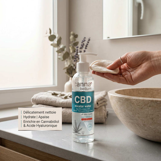 Eau micellaire CBD en flacon transparent à pompe, étiquette bleue
