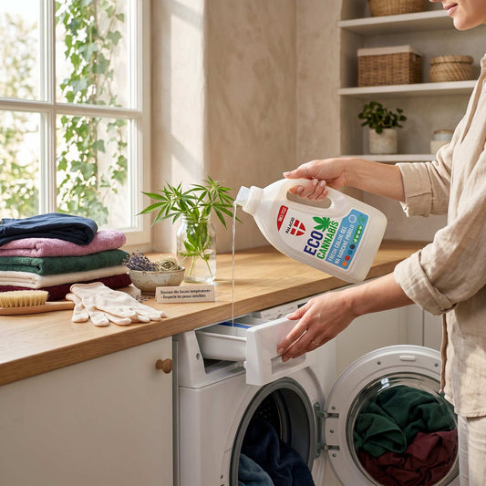 Flacon de gel lessive EcoCannabis Palacio versé près d’un lave-linge