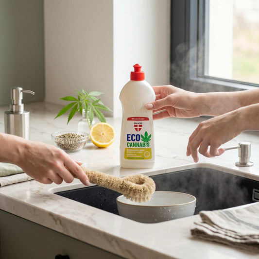 Liquide vaisselle écologique EcoCannabis au chanvre, flacon blanc avec bouchon rouge
