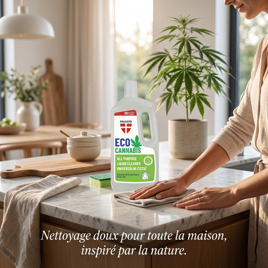Flacon de nettoyant EcoCannabis au chanvre, multi-usages, posé sur plan de travail