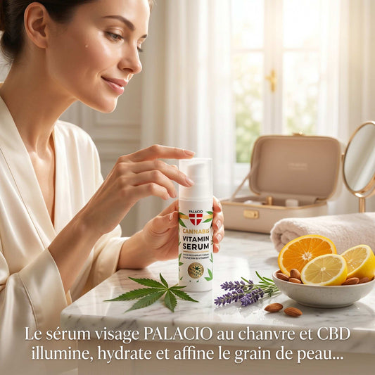 Flacon de sérum visage Palacio au cannabis, blanc, étiquette verte et rouge