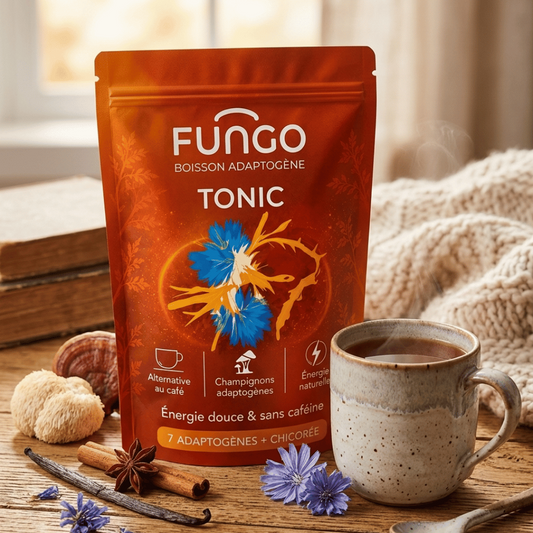 Pochon de boisson adaptogène FUNGO Tonic orange, face avant avec logo et indications.