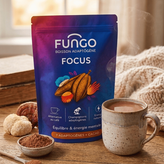 Pochon de boisson adaptogène FOCUS, sachet bleu-violet, logo FUNGO