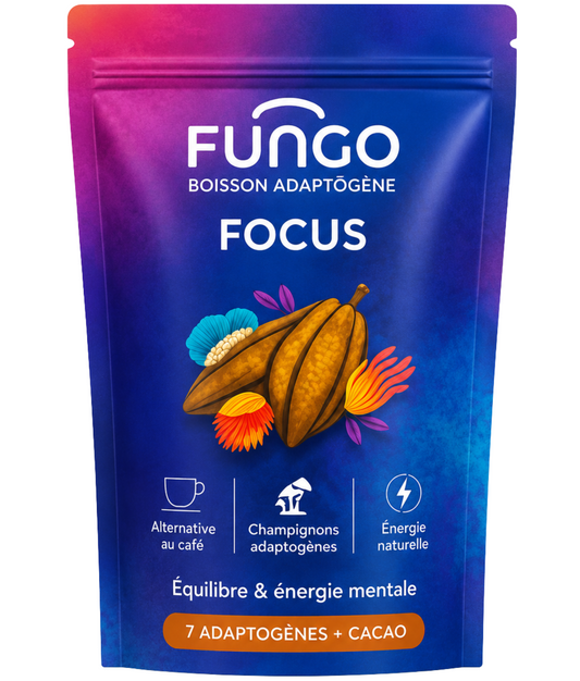 Pochon de boisson adaptogène FOCUS, gros plan du sachet bleu-violet FUNGO