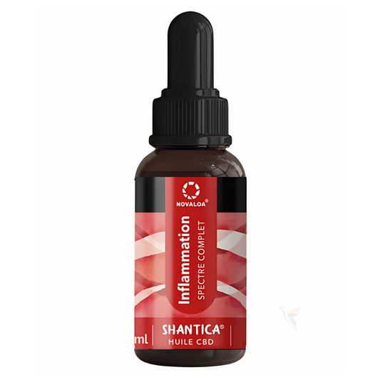 Huile CBD Novaloa pour inflammations, flacon compte-gouttes en verre brun, étiquette rouge