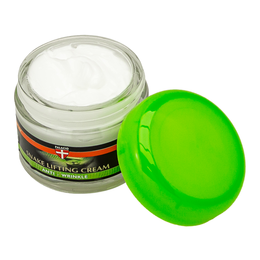 Pot de crème anti-rides PALACIO SYN-AKE, couvercle vert, crème blanche.