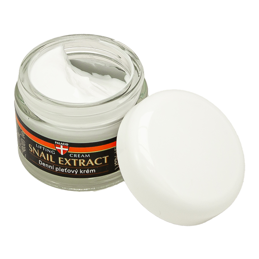 Pot de crème PALACIO à l’extrait d’escargot, couvercle blanc, crème blanche visible.