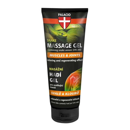 Tube de gel de massage PALACIO SYN-AKE, étiquette SNAKE MASSAGE GEL.