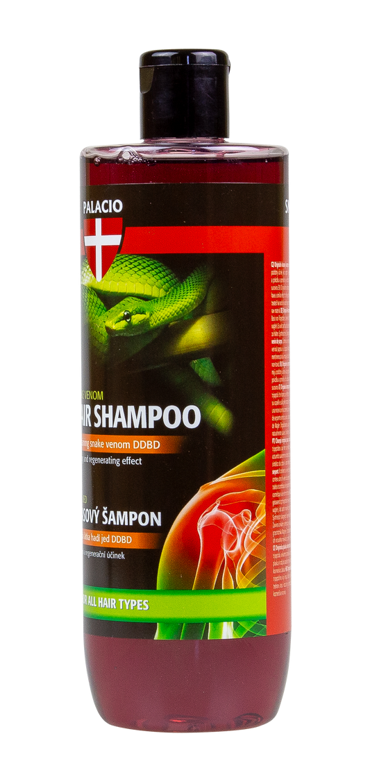 Shampoing PALACIO au venin de serpent 500 ml, bouteille rouge avec logo