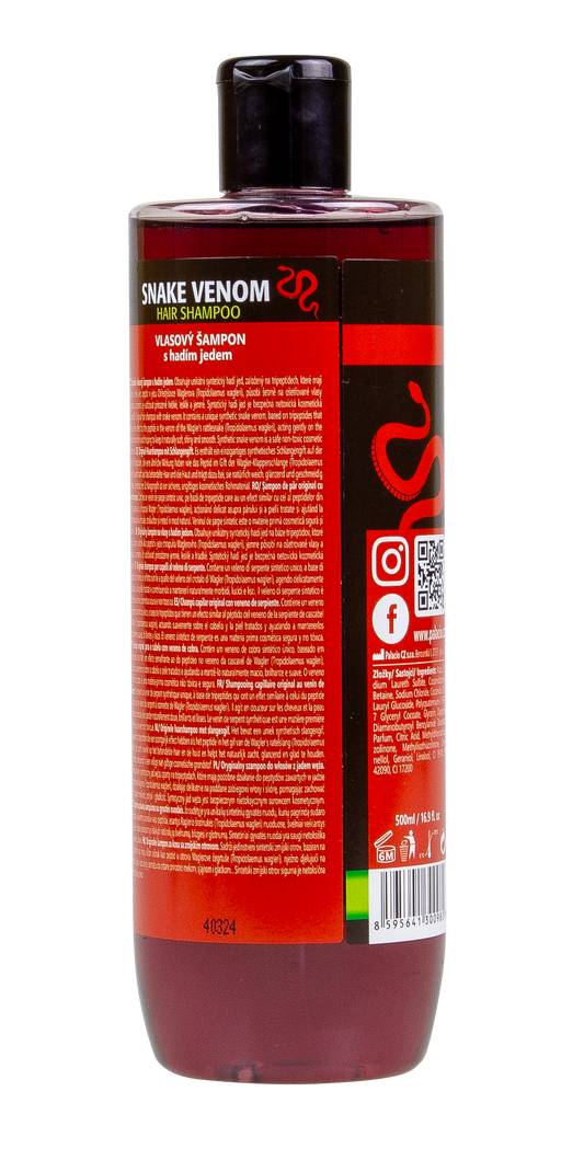 Shampoing PALACIO venin de serpent 500 ml, flacon rouge avec étiquette arrière