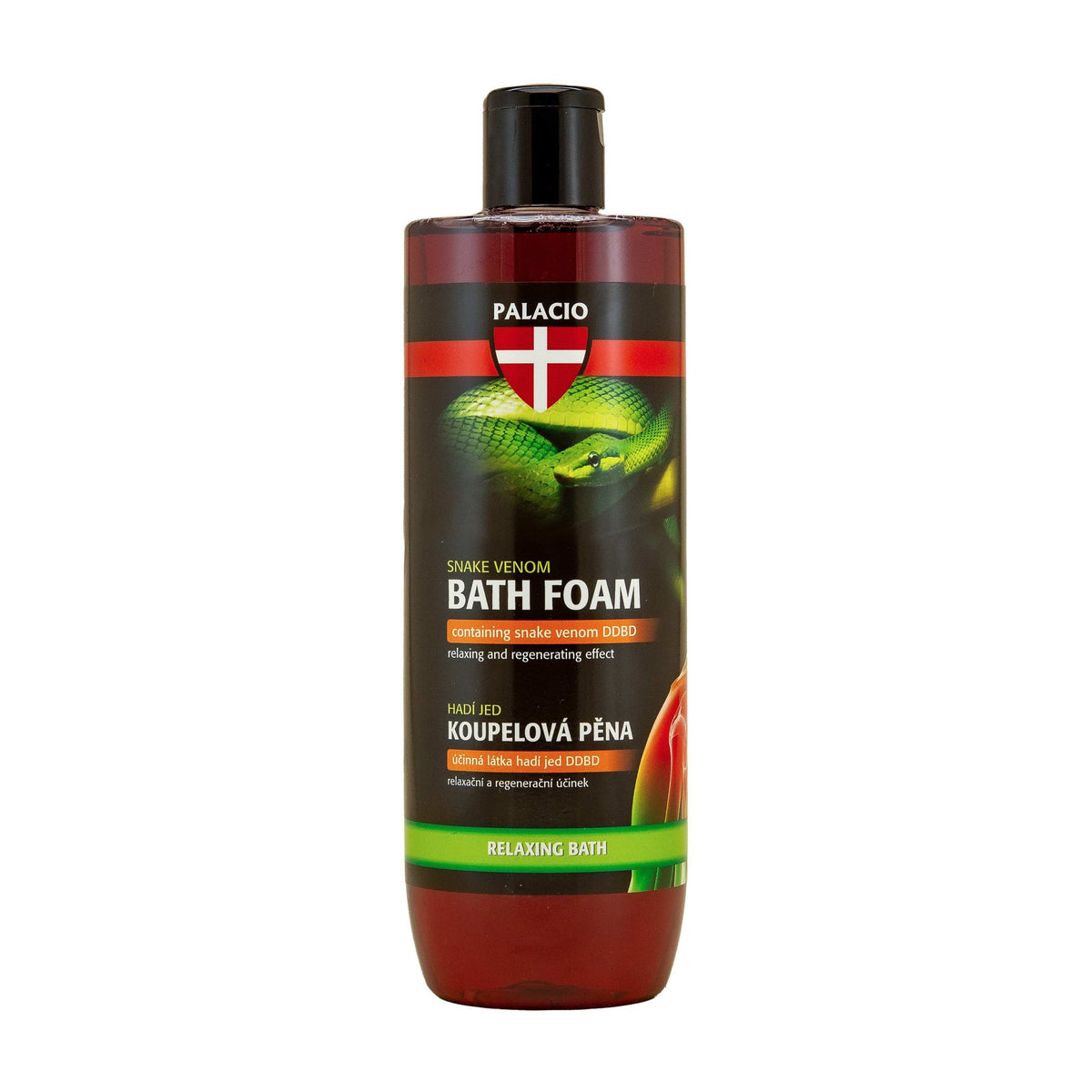 Flacon bain moussant PALACIO 500 ml, étiquette verte et noire.