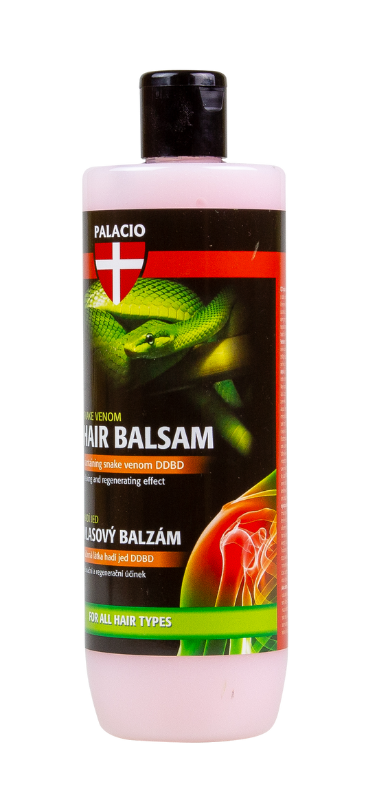 Baume capillaire PALACIO en flacon rose, bouchon noir, étiquette serpent vert